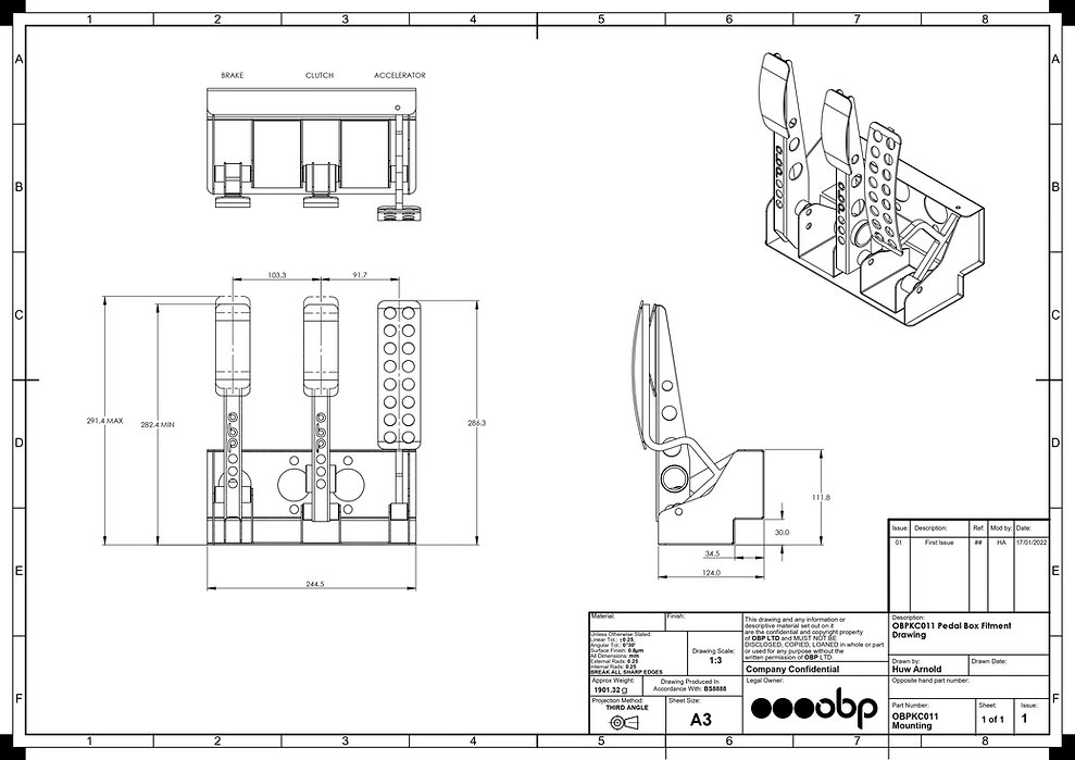 OBP Floor mounted pedal box 3 pedals 2x master cylinders (Cable Clutch)