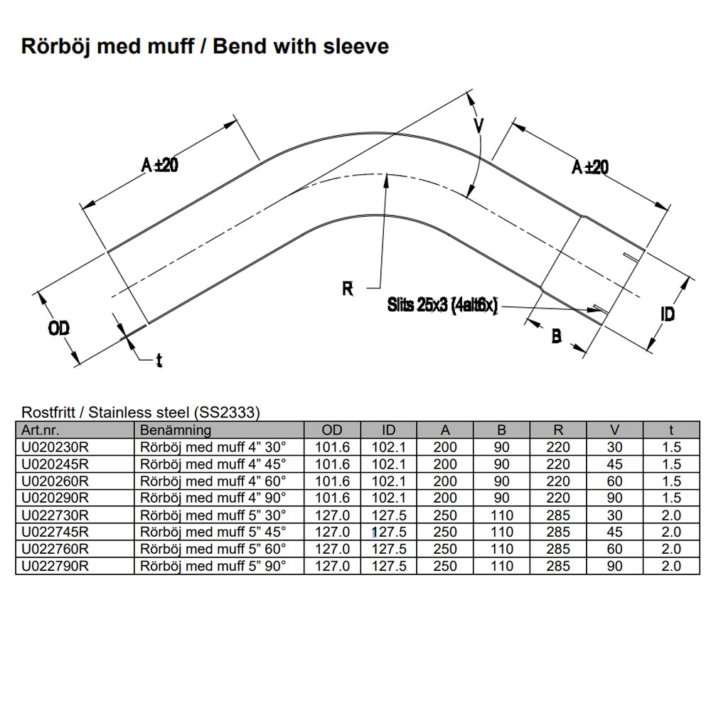 Bent exhaust tube 90° 5" Stainless (127mm)