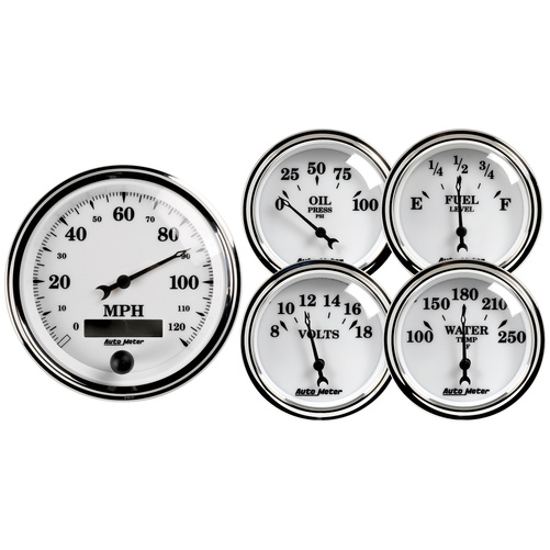 5 Pc. Gauge Kit, 3-3/8" & 2-1/16", Elec. Speedometer, Old Tyme White Ii